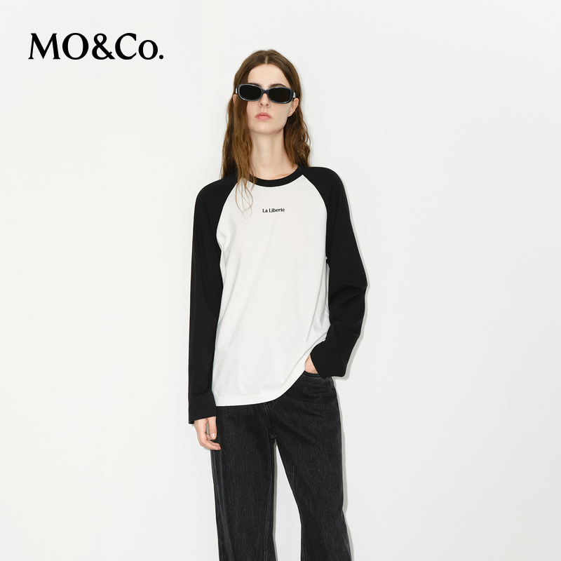 【赵老板专属】MOCO长袖T恤冬黑白撞色插肩袖棉印花圆领MBD4TEE012