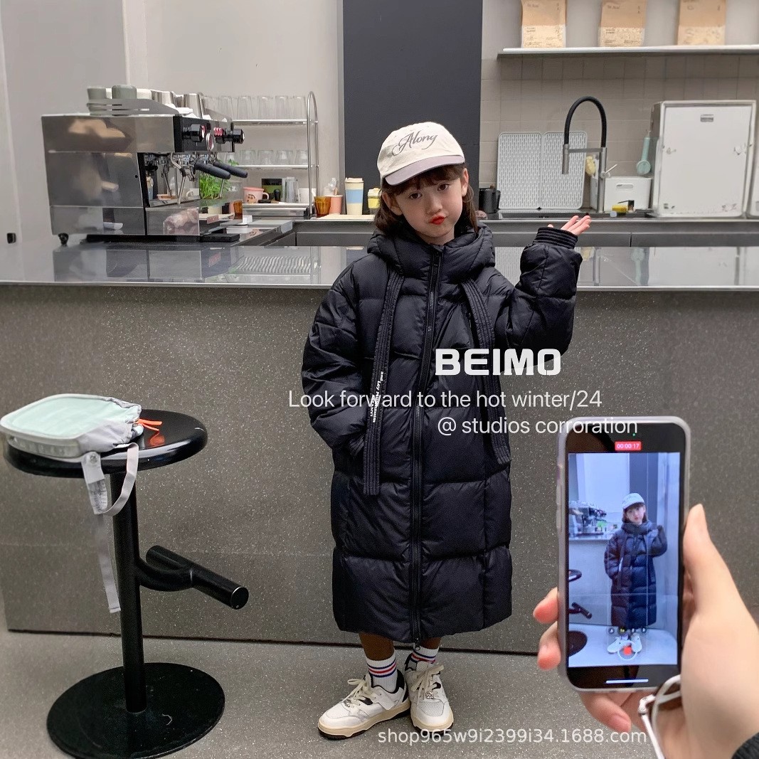 反季长款羽绒服男女宝宝洋气保暖外套过膝连帽飘带百搭童装外出服