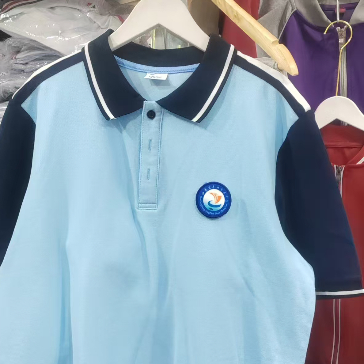 青州校服青州三中高中夏季半袖初中拼色短袖浅蓝色polo校服