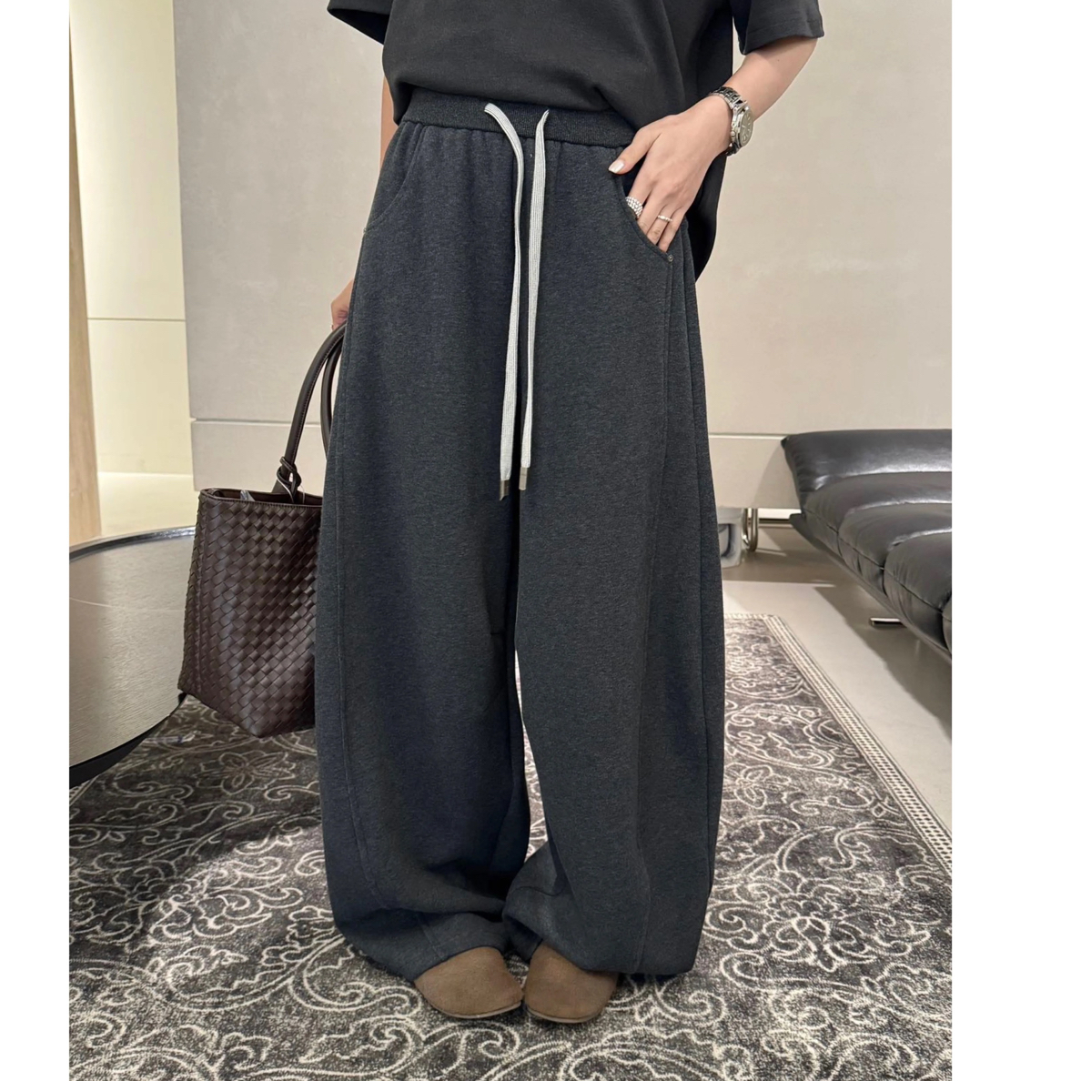 加绒加厚高腰弯刀裤女秋冬新款宽松显瘦休闲长裤