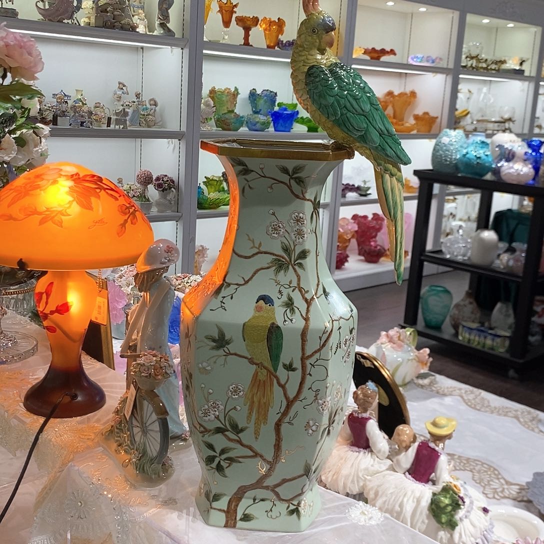 摆件F3124铜配瓷鸟语花香六角花瓶