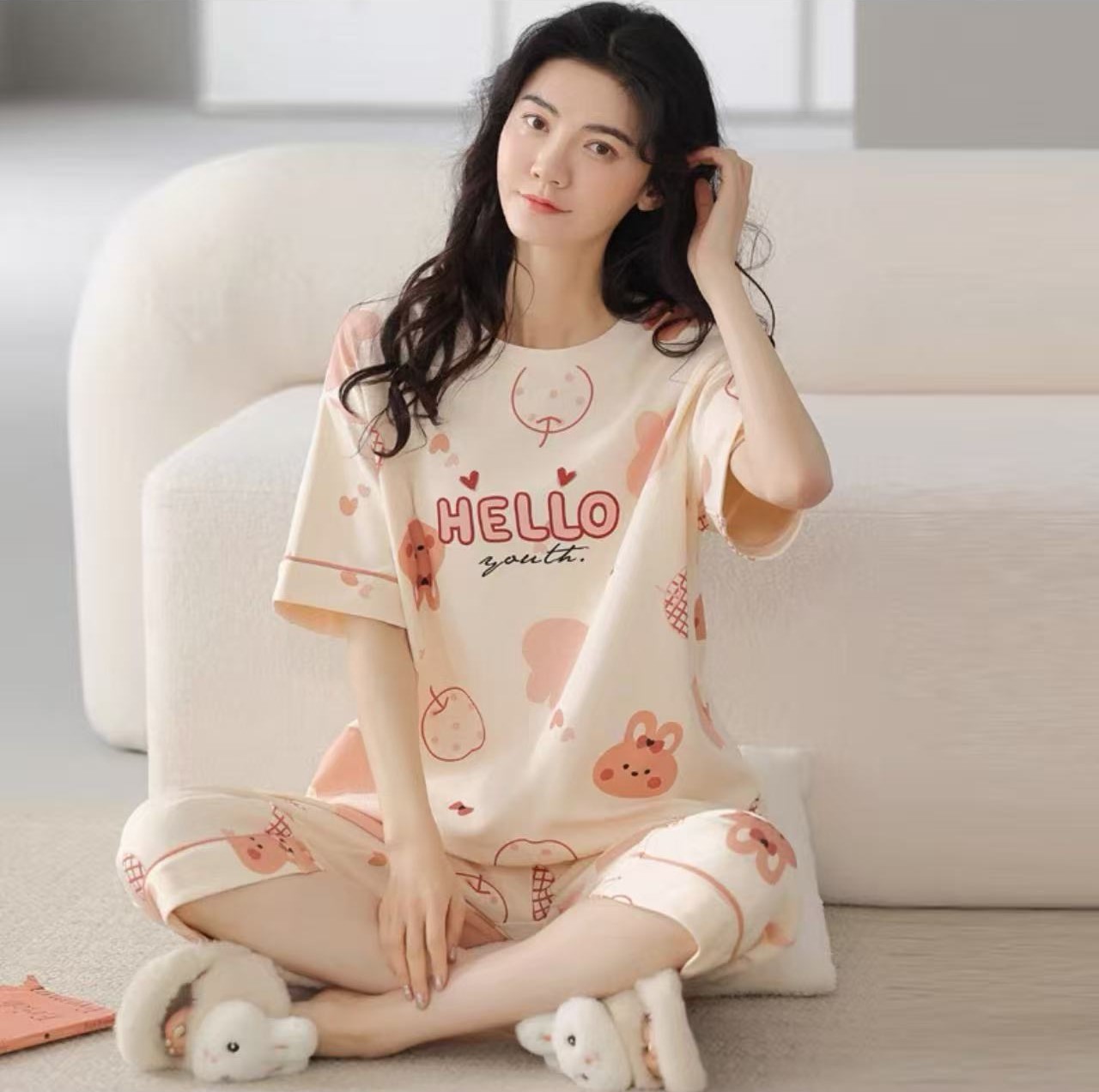 睡衣女士春秋款夏季短袖七分裤薄款纯棉家居服可外穿全棉套装