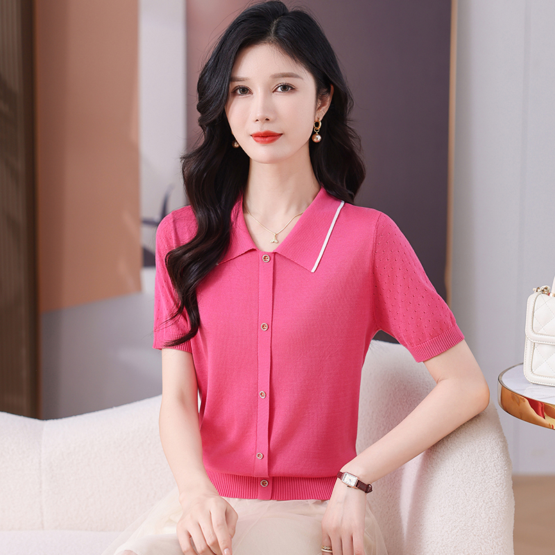 【莱赛尔】2024新款翻领短袖针织衫纯色宽松休闲清凉简约薄款上衣