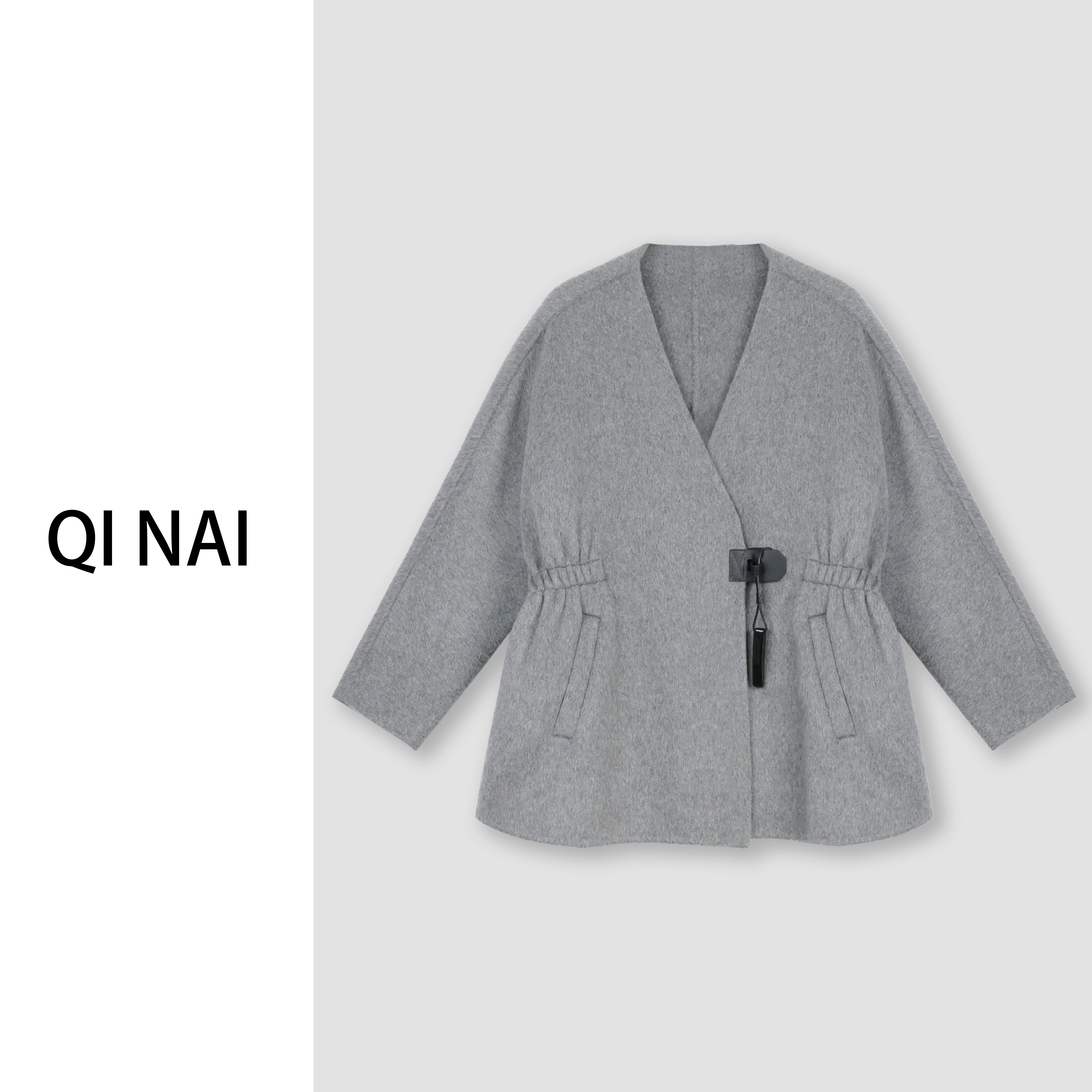 七奈推荐 【虹乐】宽松V领绵羊毛收腰双面呢大衣QN12010