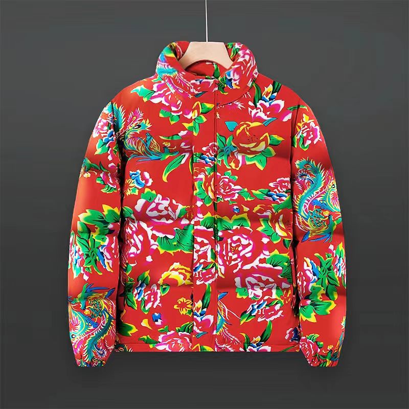 灰鹅绒2024秋冬新款国风大码男士休闲东北大花保暖羽绒服羽绒外套