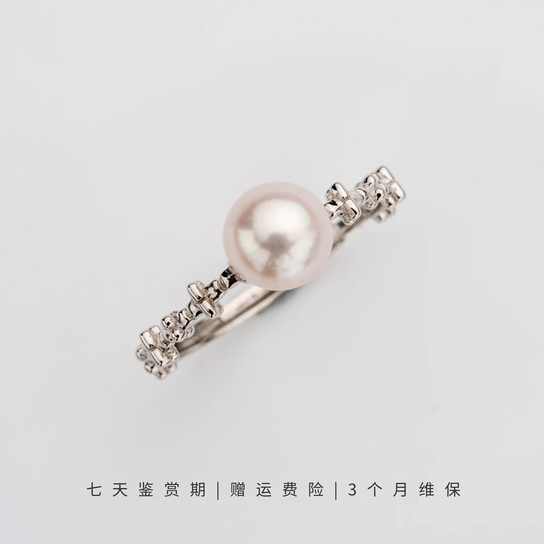 淡水珍珠戒指S925银正圆气质百搭蕾丝仙女款开口戒6-7mm FJ027