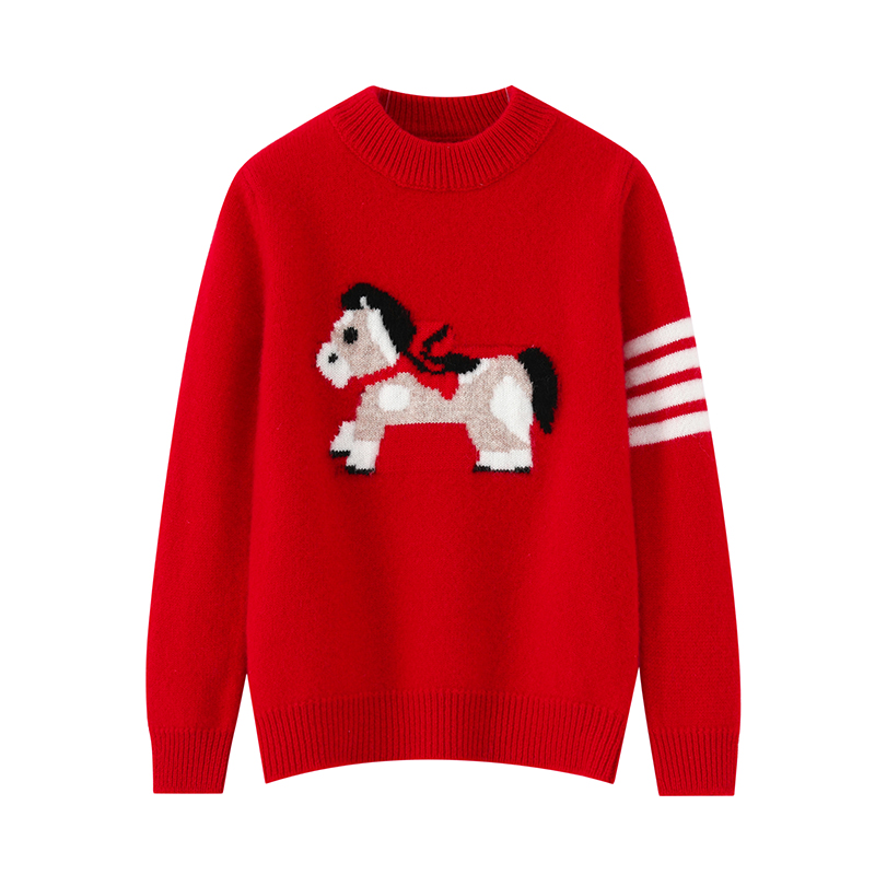 2026新年小马（马上有福）纯羊毛风半高领毛衣加厚动漫女打底儿童