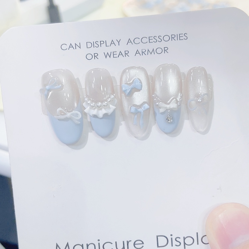 【奶蓝法式】时尚清新纯欲高级感奶蓝配色纯手工可拆卸穿戴甲成品