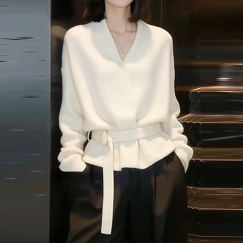 轻熟高级感简约V领交叉毛衣女纯色秋冬系带收腰显瘦气质针织上衣