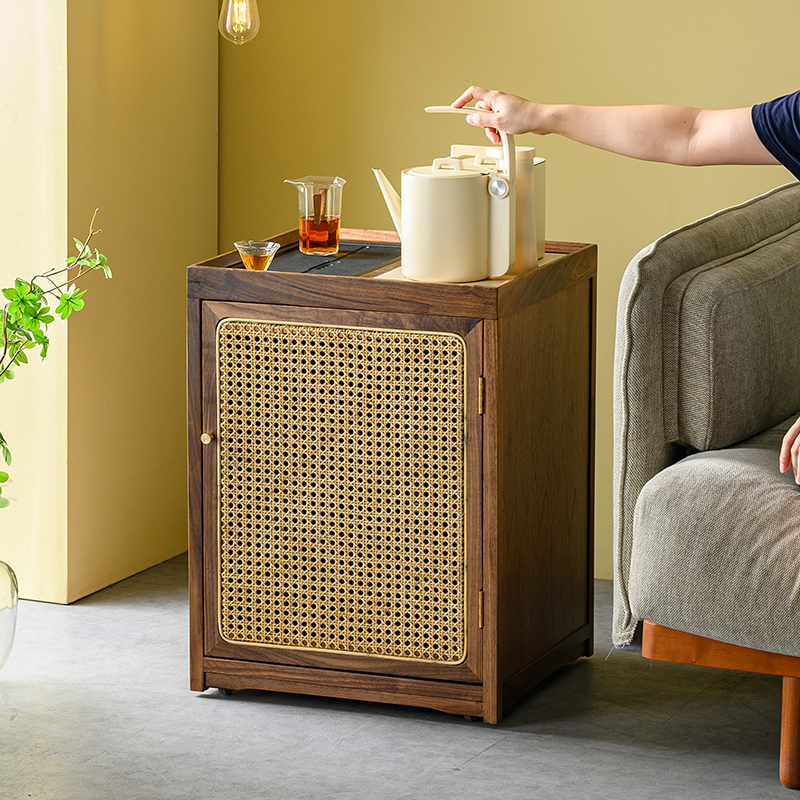 吉木语中古风北美黑胡桃木藤编移动茶吧机烧水壶一体茶具收纳柜