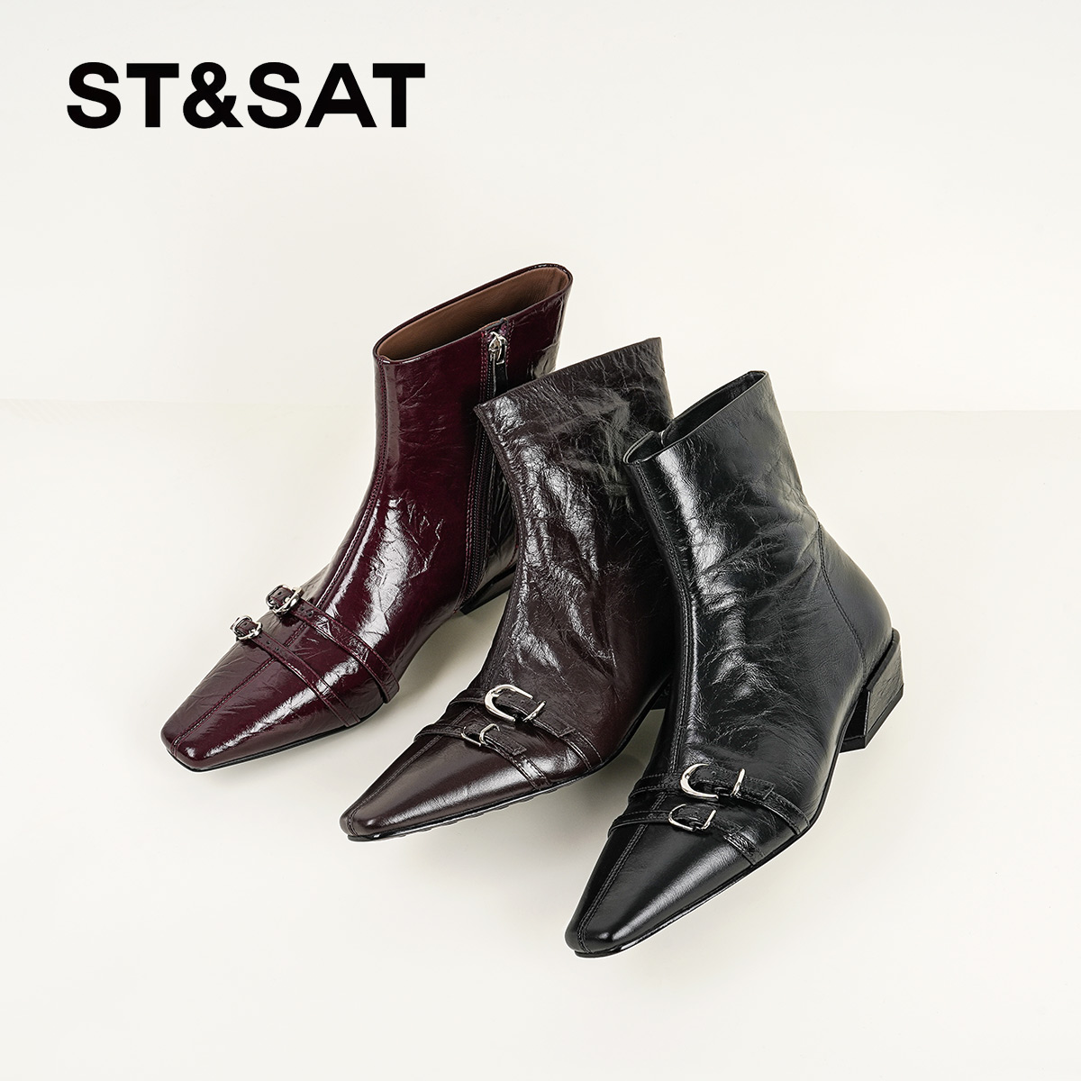 St&Sat/星期六低跟秋冬粗跟百搭街头风女靴时尚复古方头马丁靴