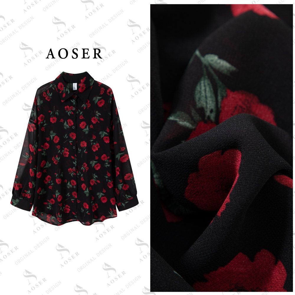 AOSER衬衫袖通勤常规款翻领衬衫立领提花百搭长袖花色女装衬衫336