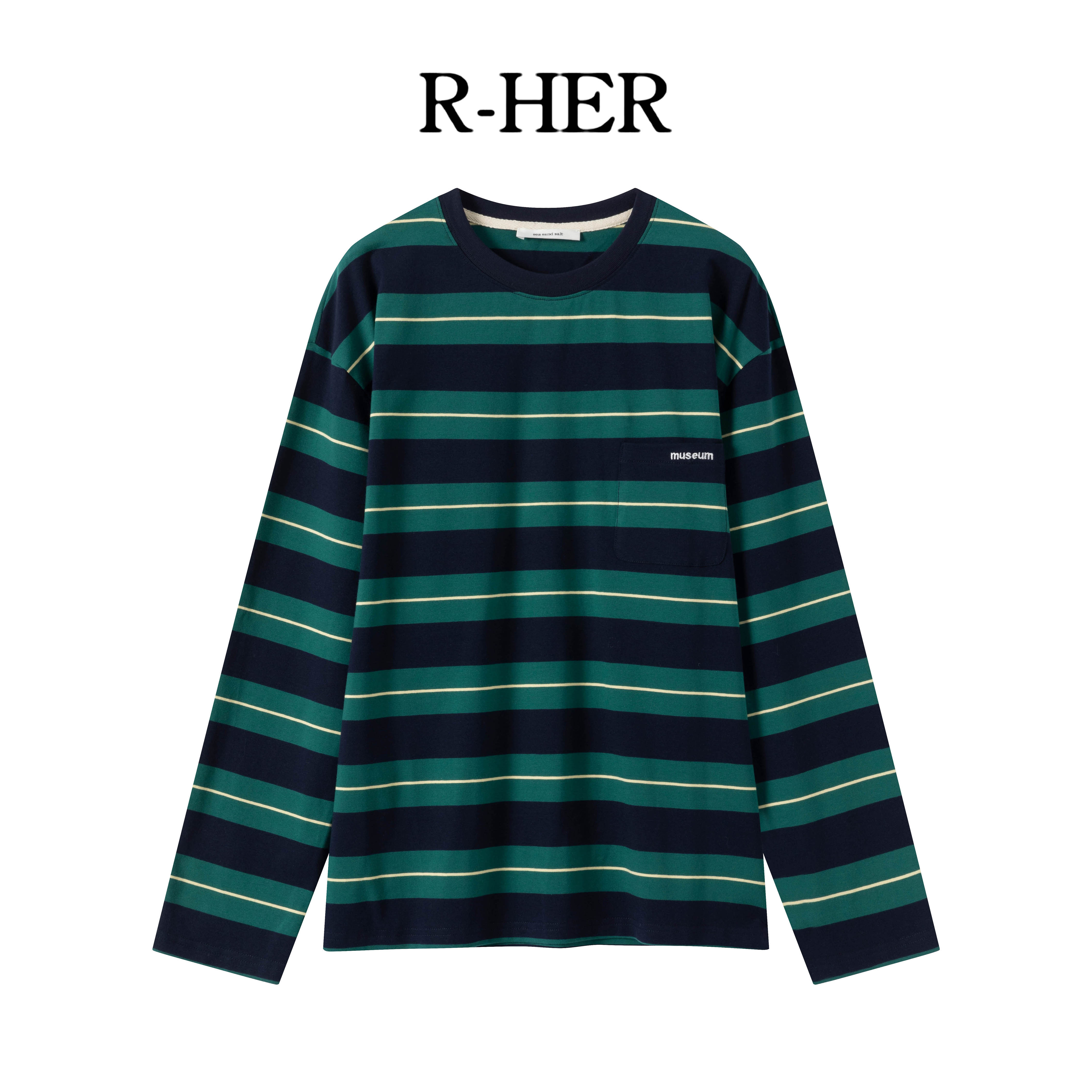 R-HER【刺绣碧纹】新款简约休闲百搭气质显瘦条纹圆领长袖上衣女