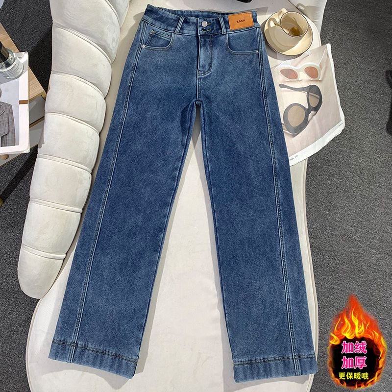 大码牛仔裤加绒加厚显瘦直筒牛仔裤立体压线高腰弹力直筒裤#2599