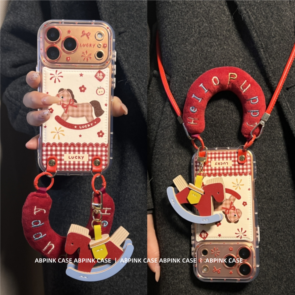 新年款红格子烟花木马透明皮纹适用iPhone17ProMax苹果16手机壳15