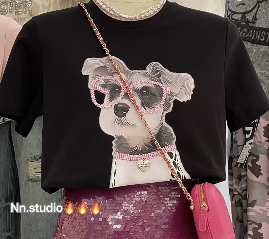 QL878-雪纳瑞T恤印花夏季百搭时尚圆领潮流宽松