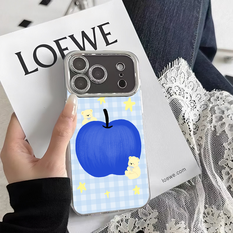 格纹蓝果小熊适用于苹果17promax手机壳iPhone17air女16防摔15