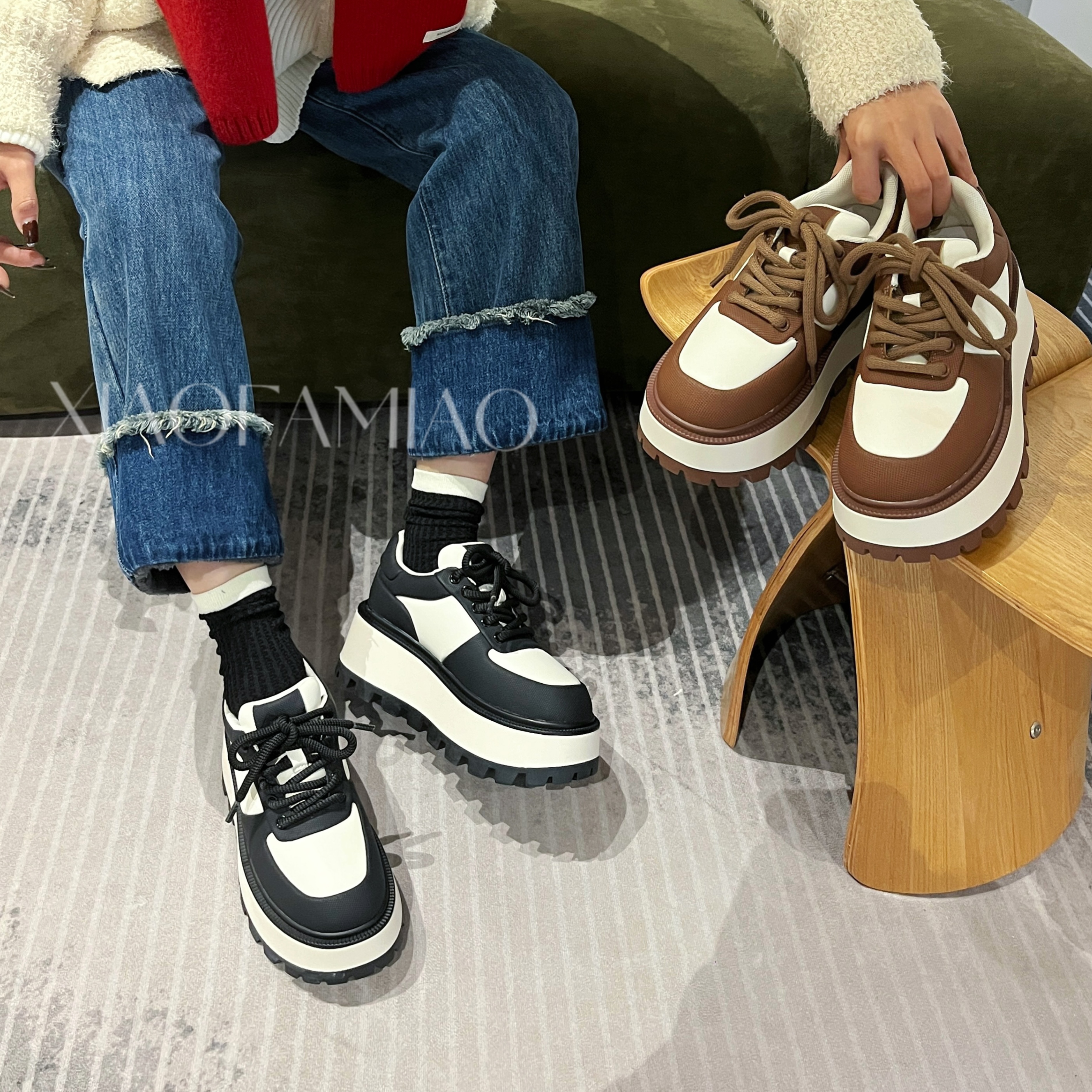 小发喵vintage拼色系带厚底小众百搭ol时尚休闲鞋