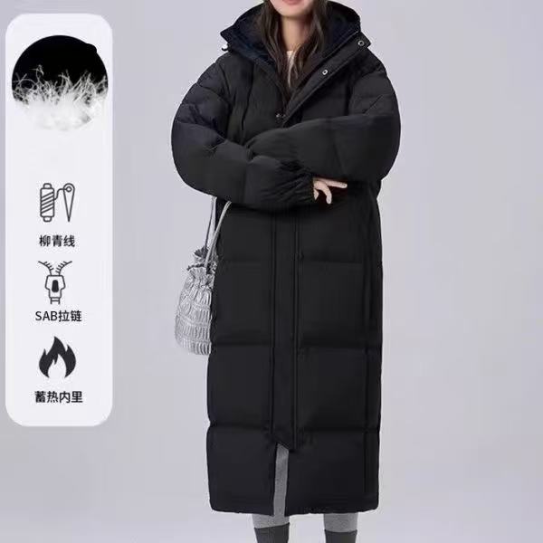 中戏羽绒服女中长款过膝连帽白鸭绒2025新款冬季情侣加厚黑色外套