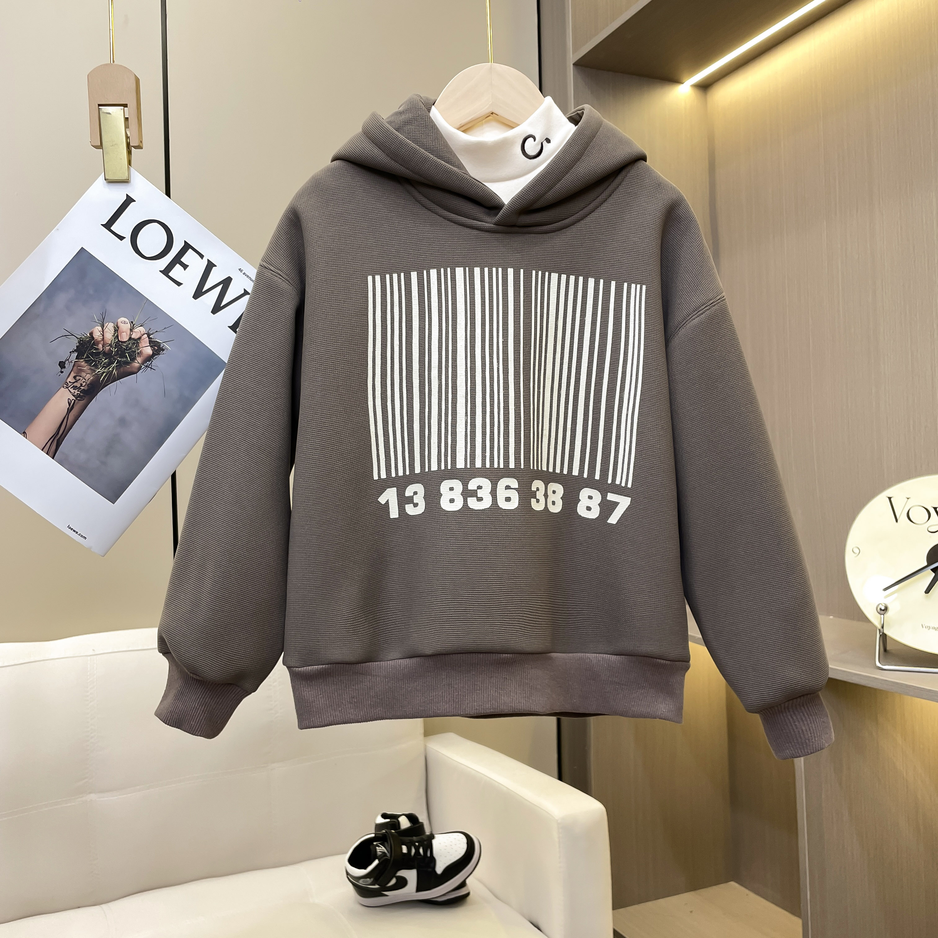 儿童加绒卫衣加绒连帽纯色条形码休闲中大童韩版卫衣百搭-X288