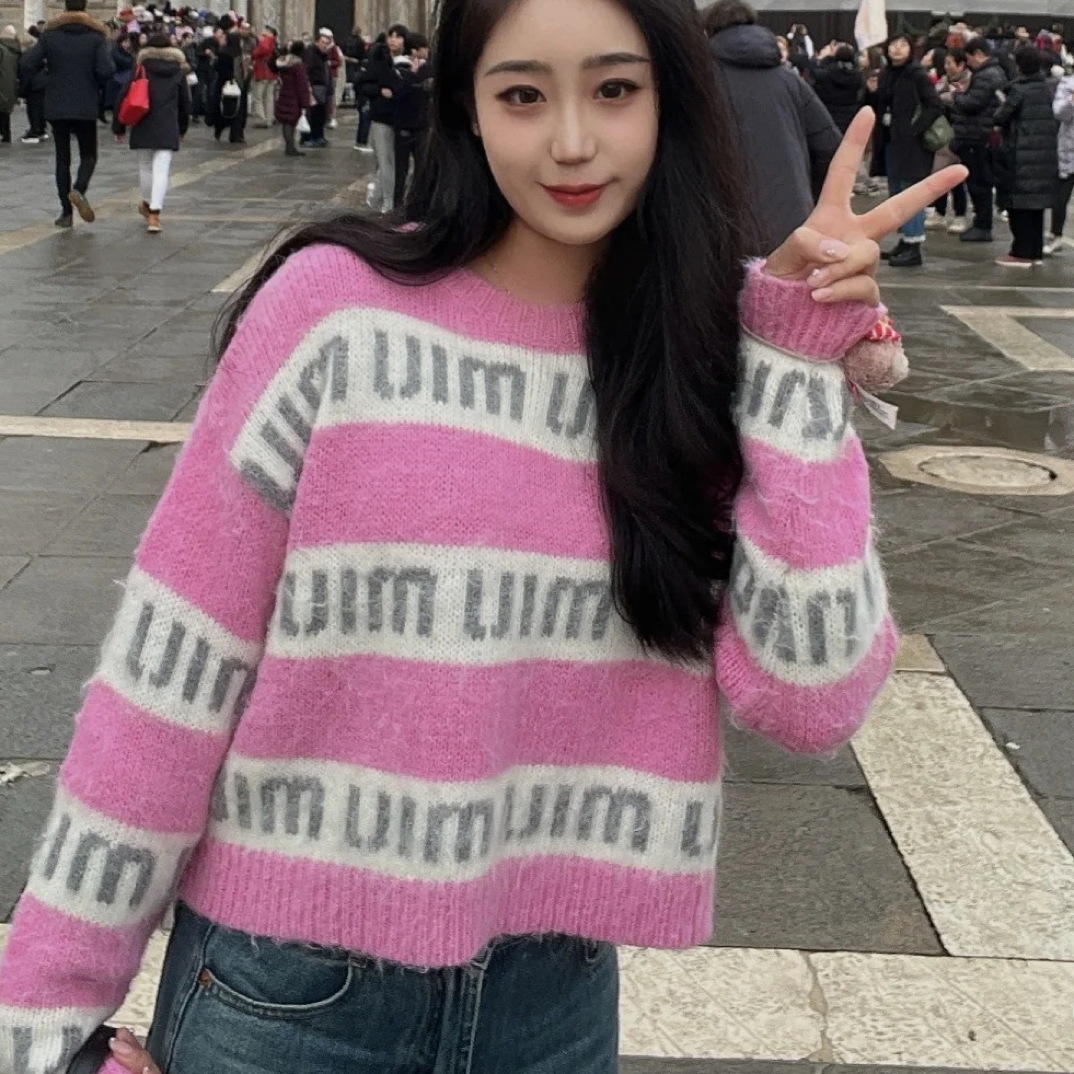 99新 MIU MIU/缪缪 粉色logo满印毛衣/38码/A00002