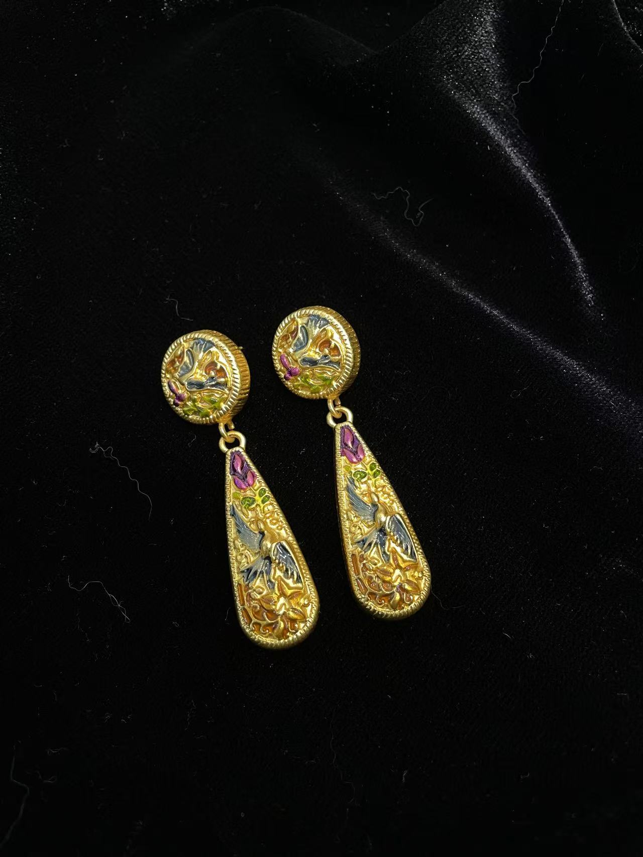 合金耳饰 大气元（耳环）中古浮雕飞鸟耳环