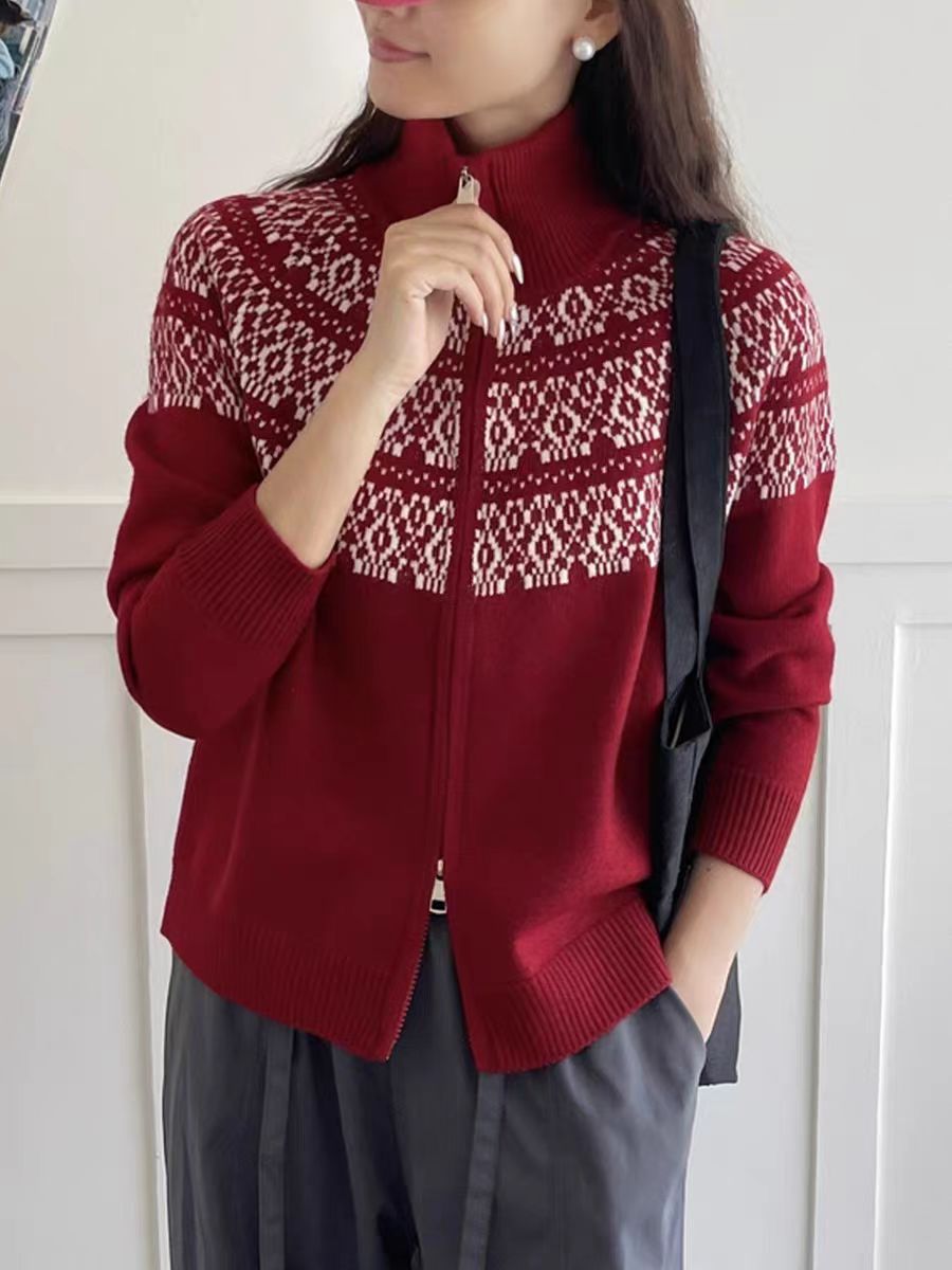 【提花双拉链-红】费尔岛针织开衫女春秋新款翻领时尚宽松毛衣外套