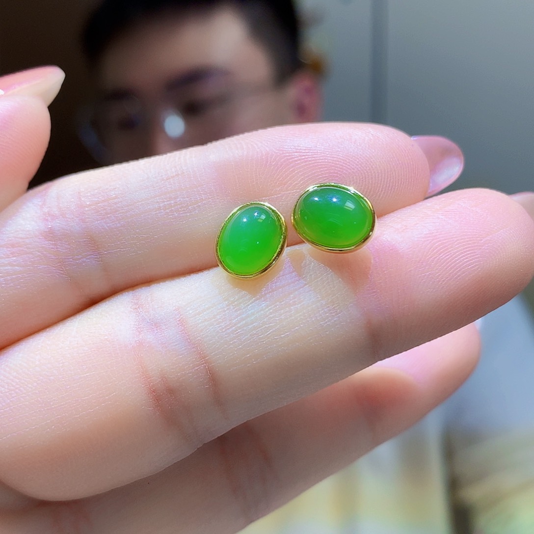 银S925镀金镶嵌和田玉（碧玉）耳饰