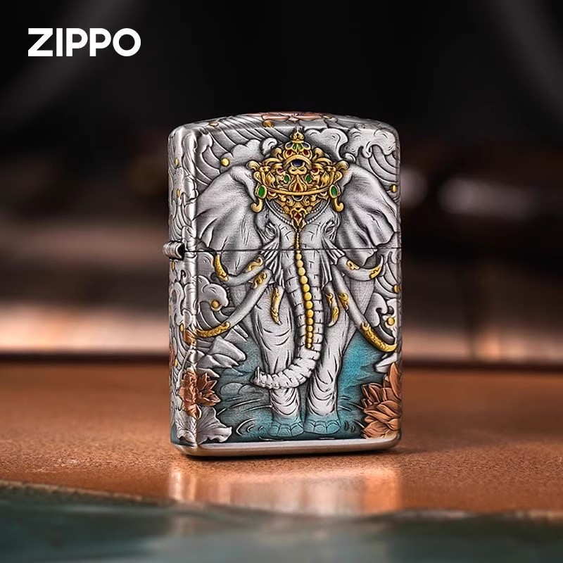 zippo如意神象浮雕熏银盔甲防风打火机男士送礼佳品