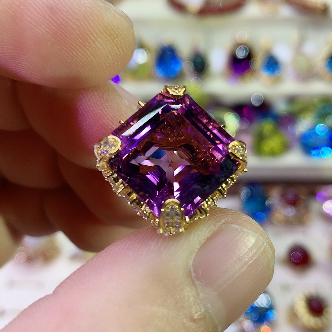 紫晶戒指银S925镀金镶嵌
