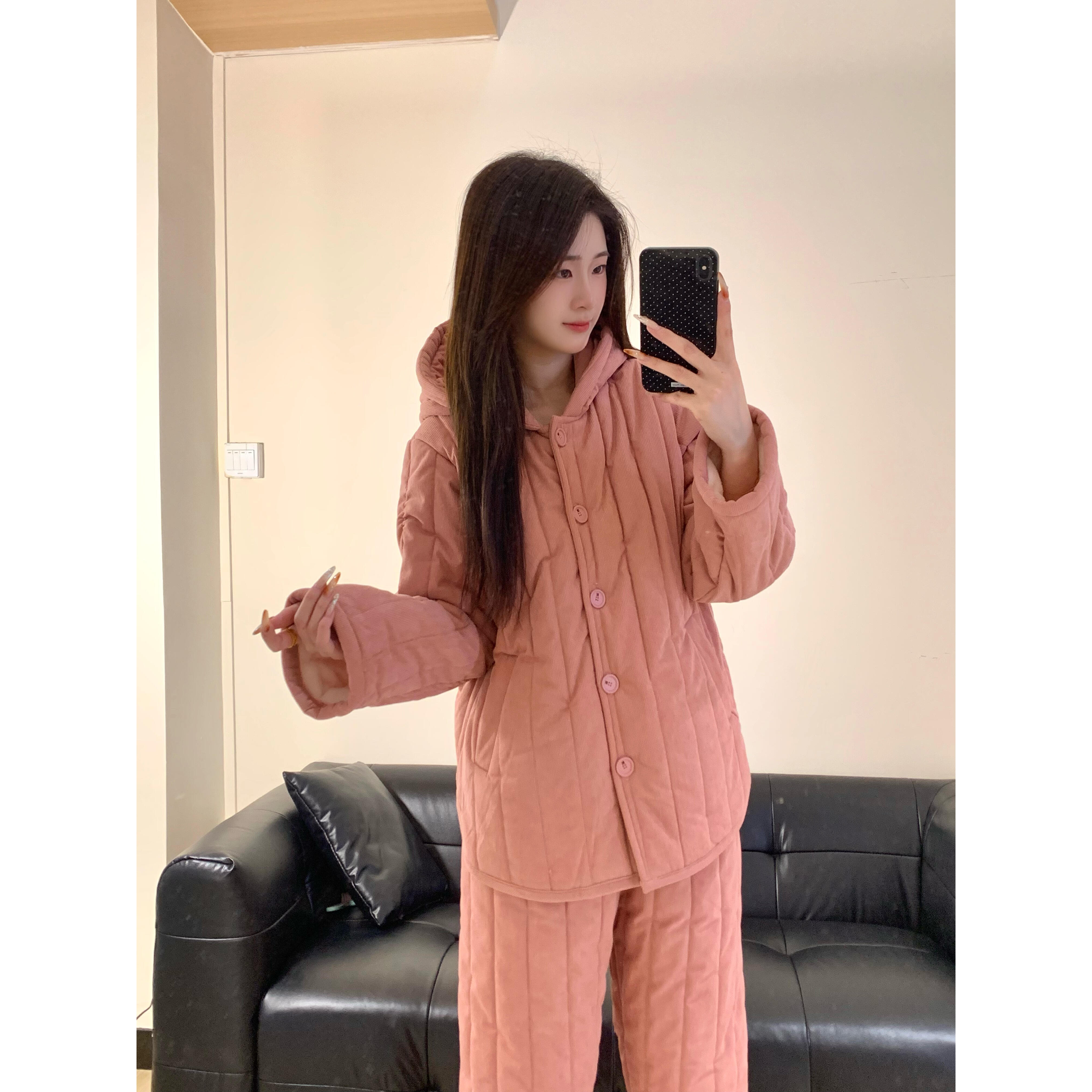 可爱连帽夹棉睡衣女秋冬季新款大码加厚保暖开衫家居服套装可外穿