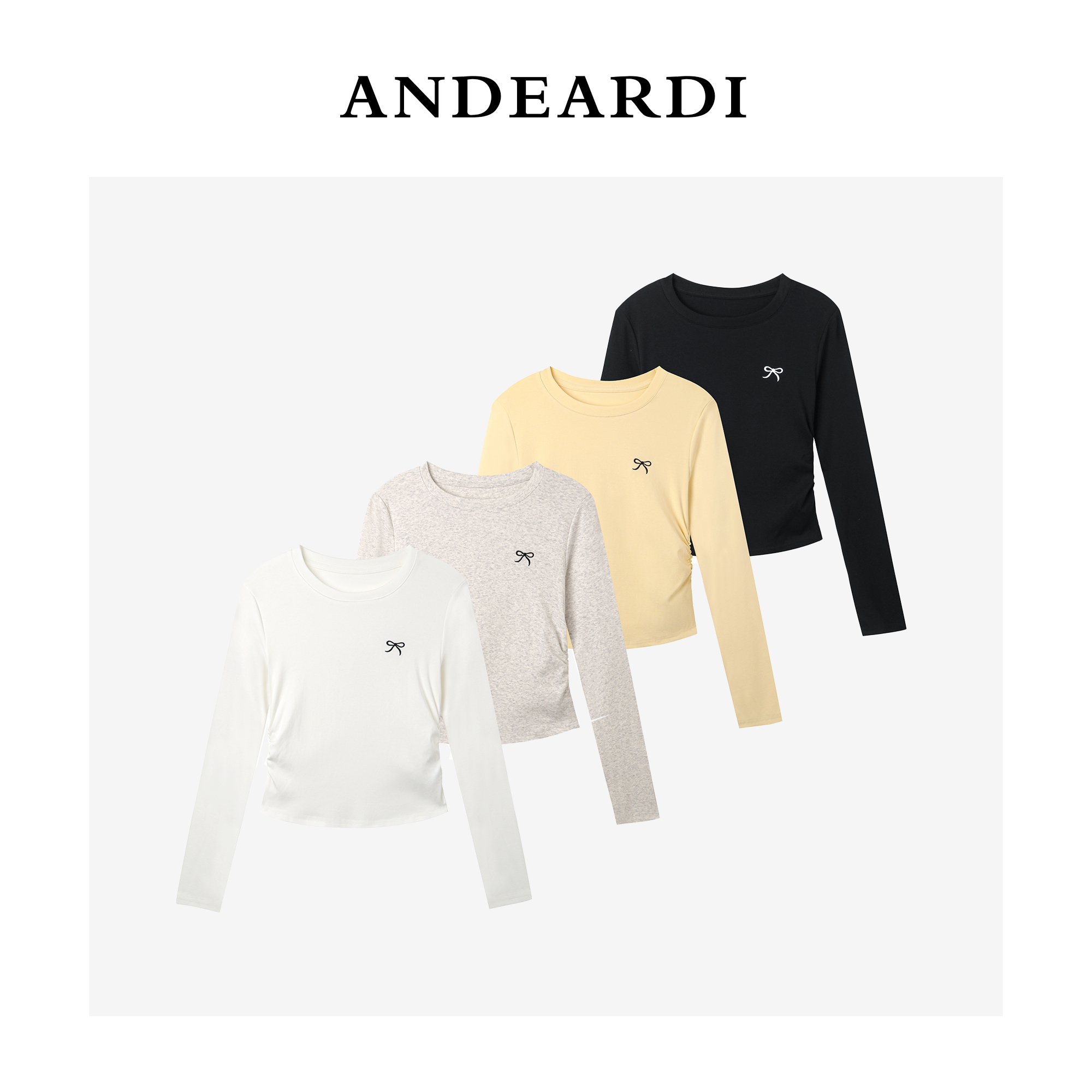 ANDEARDI休闲长袖刺绣褶皱圆领几何短款内搭修身型T恤百搭