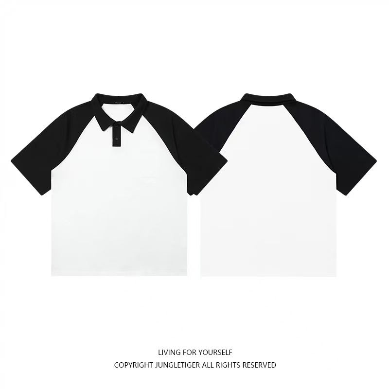 日系宽松插肩短袖Polo衫男夏季休闲撞色翻领口袋纯棉T恤