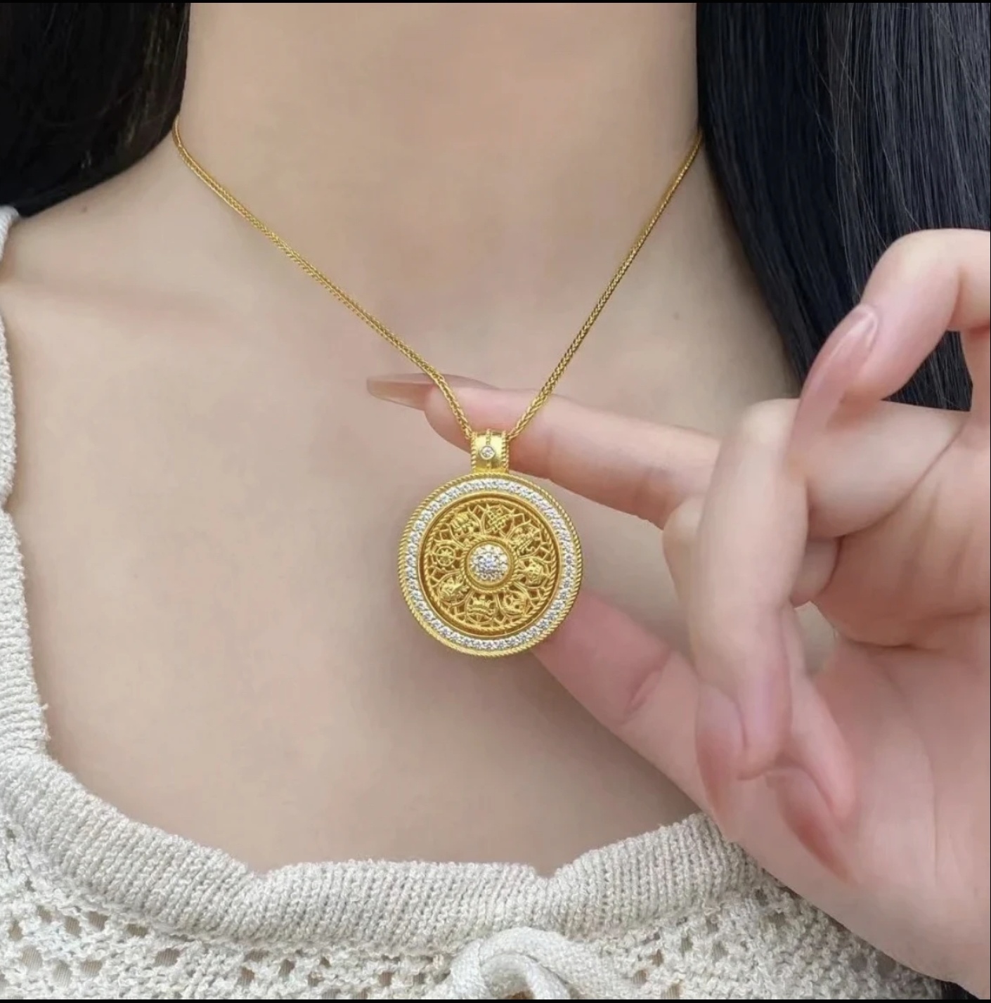 铜合金项链 「罗盘」金色时尚复古八宝圆盘吊坠项链手工坠链旋转