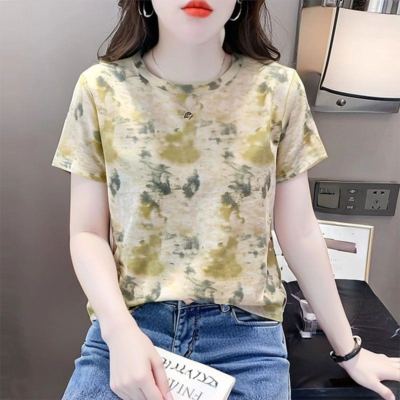 洋气小众上衣女士纯棉短袖t恤女2025夏季扎染印花半袖体恤衫时尚