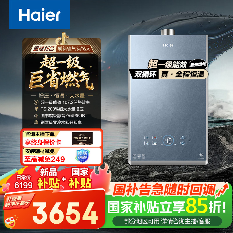 海尔燃气热水器超一级能效水伺服零冷水双循环7A无冷感一级静音