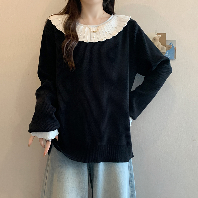 2025秋冬新款胖mm大码女法式设计钉珠娃娃领针织毛衣上衣 72133
