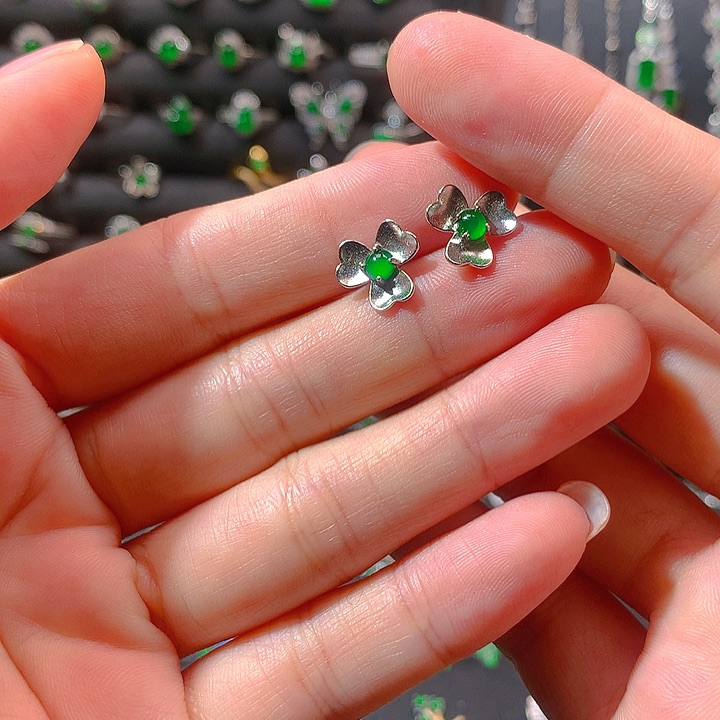 翡翠戒指银S925镶嵌耳钉