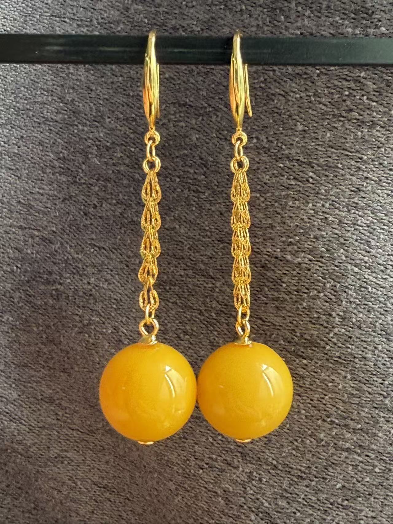 【天香如易】天然保真蜜蜡圆珠耳坠