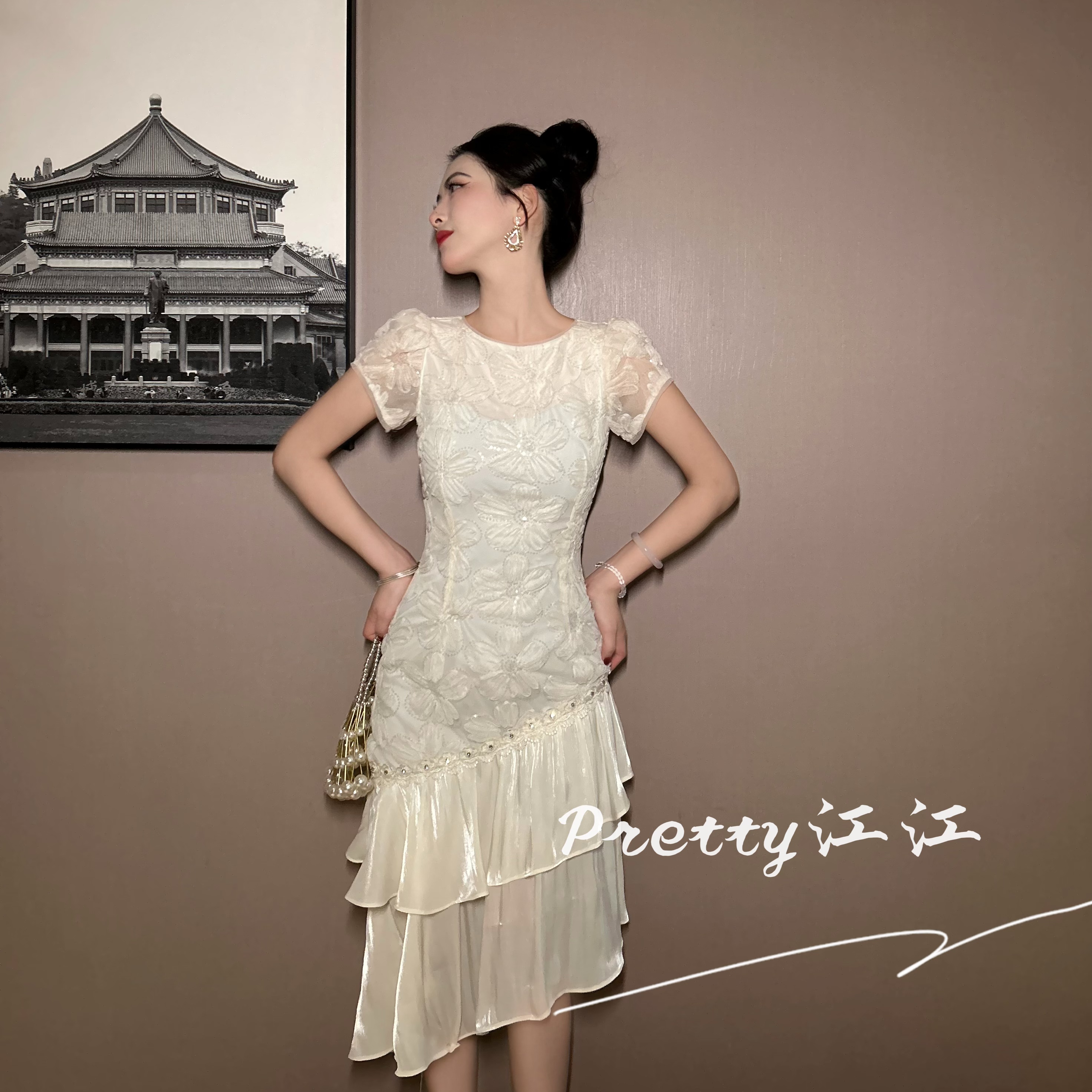 Pretty小众设计师品牌江江定制 时尚气质修身优雅鱼尾连衣裙31228