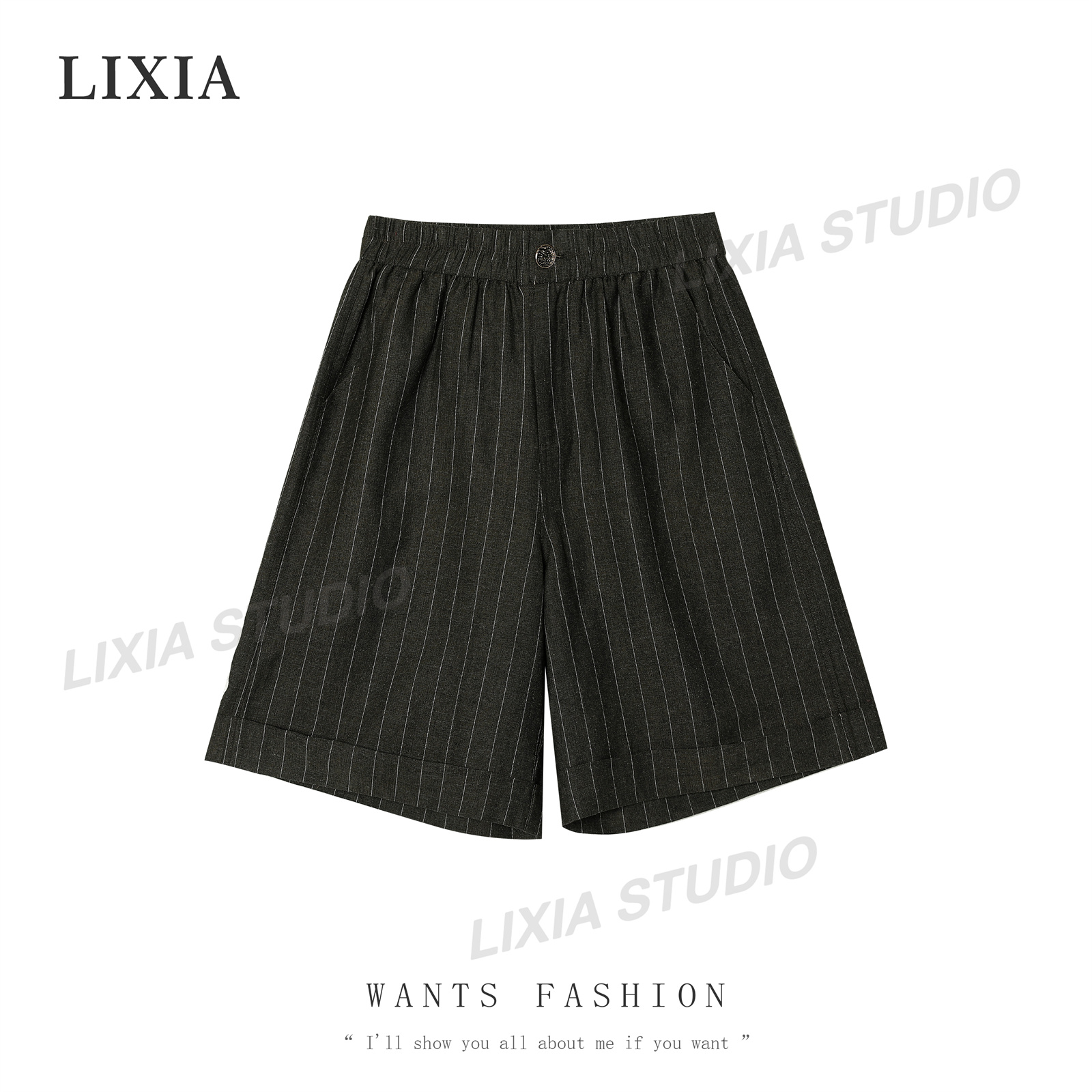 LIXIA【英伦】轻奢时尚夏季设计师灰条纹短裤-3964