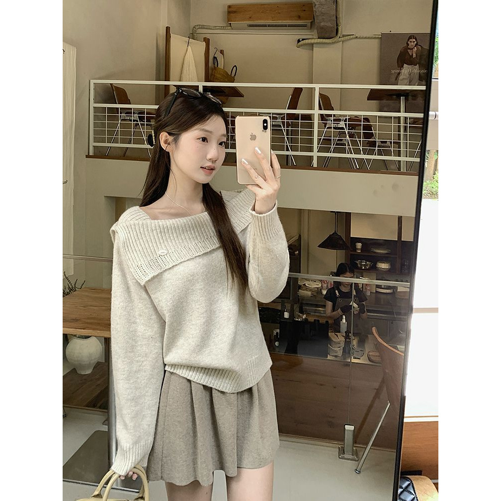 温柔风一字领长袖毛衣女秋季新款套头宽松慵懒感毛针织衫上衣女装