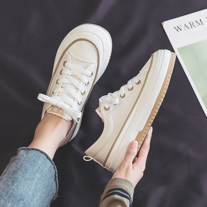 人本帆布鞋女厚底百搭小白鞋春季休闲运动小众学生ins低帮板鞋