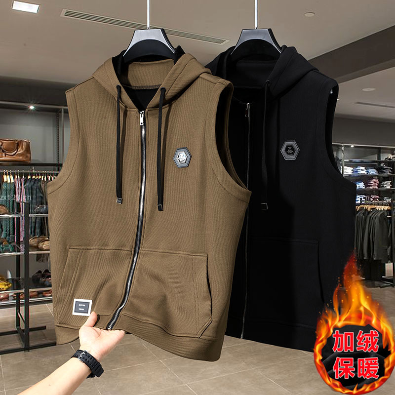加肥加大加绒连帽男士针织马甲潮流宽松显瘦弹力保暖坎肩百搭上衣