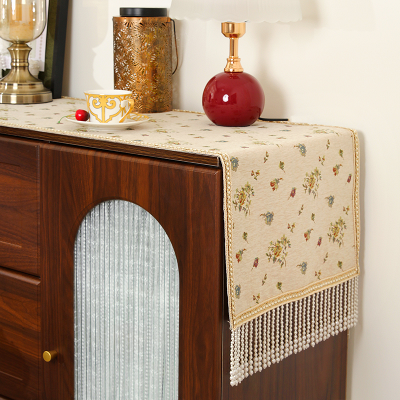 高端布艺桌旗氛围感斗柜边柜盖巾法式吊珠床尾旗复古美式电视柜罩