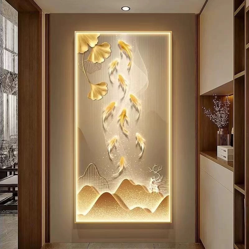 新款轻奢大气九鱼图玄关装饰画走廊过道竖版壁画