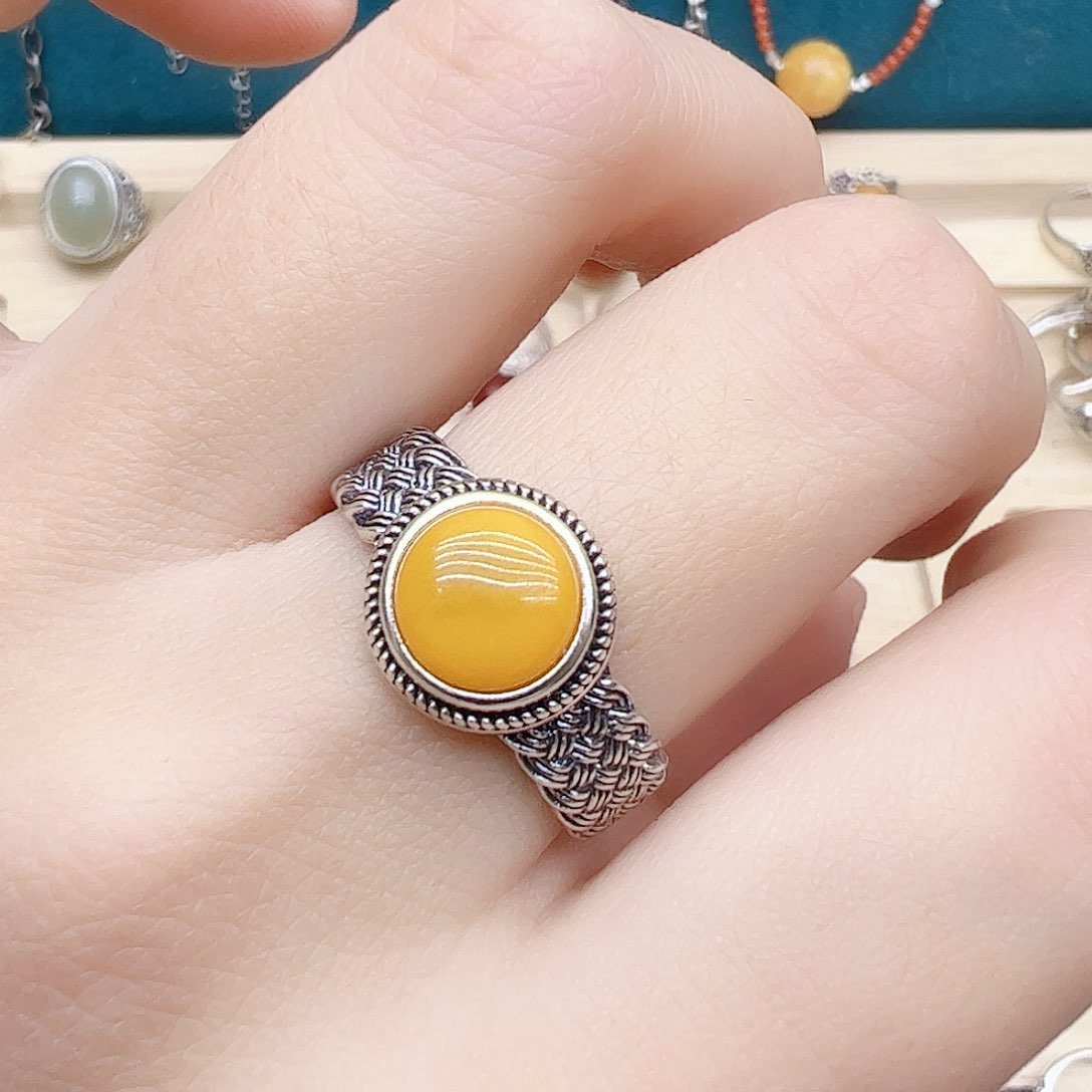 蜜蜡戒指银S925镶嵌天然