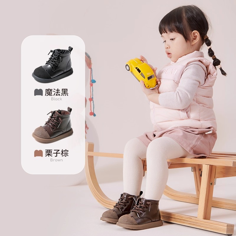牧童童鞋女童马丁靴高帮皮靴冬季新款小女孩公主鞋英伦风棉靴保暖