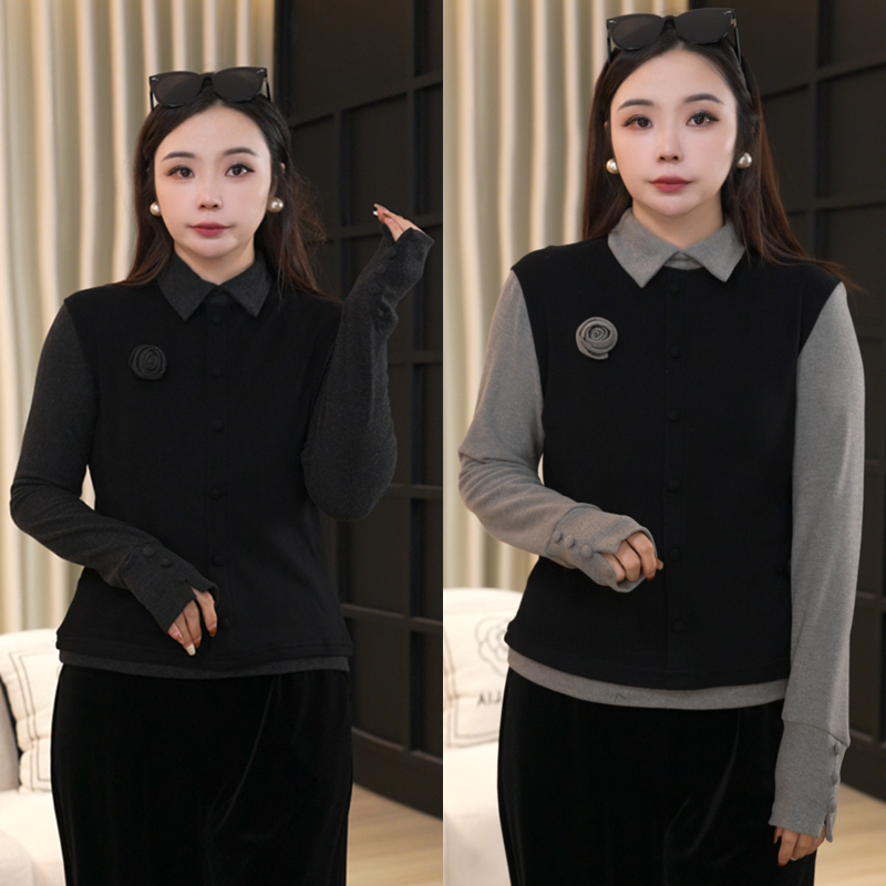 翻领保暖开衫大码女装打底衫常规拼接秋冬套头纯色上衣14136