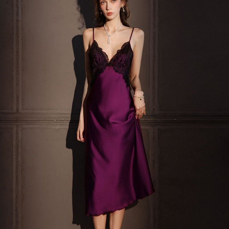 【秘爱】睡衣冰丝薄款带胸垫长款过膝法式吊带睡裙露背纯欲风家居服